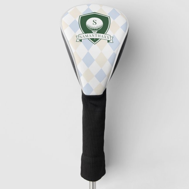 Modern Blue Pattern Green Golfer Name Monogram Golf Head Cover (Front)