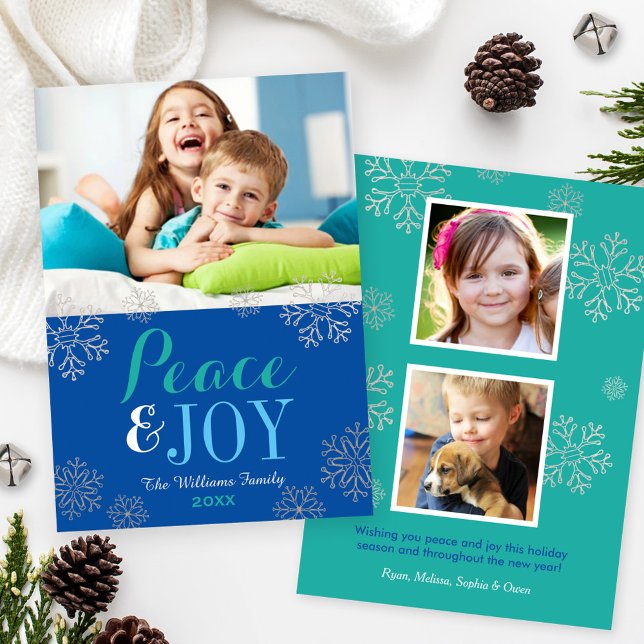 Modern Blue Peace and Joy Snowflake Photo Holiday Card (Creator Uploaded)