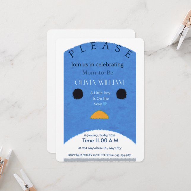 Modern Blue Penguin Baby Shower Invitation | Whims (Front/Back In Situ)