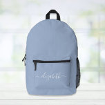 Modern Blue Personalised Script Printed Backpack<br><div class="desc">Personalised blue backpack with your monogram name or initials in a stylish white script with swashes.</div>