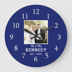 Modern Blue Personalized Photo Wedding Anniversary Large Clock