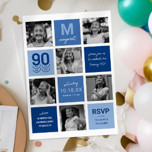 Modern Blue Photo 90th Birthday Invitation