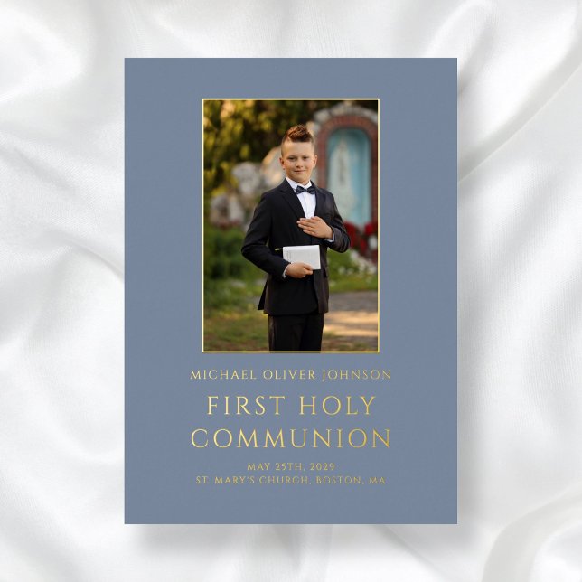 Modern Blue Photo Boy First Holy Communion Gold (Boy Photo First Holy Communion Blue Gold Foil Invitation)