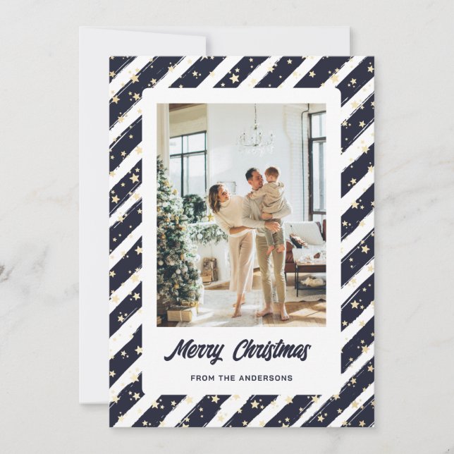 Modern Blue Photo Merry Christmas Holiday Card (Front)