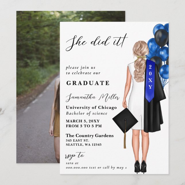 Modern Blue Photo She Did It Graduation Invitation (Front/Back)