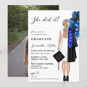 Modern Blue Photo She Did It Graduation Invitation