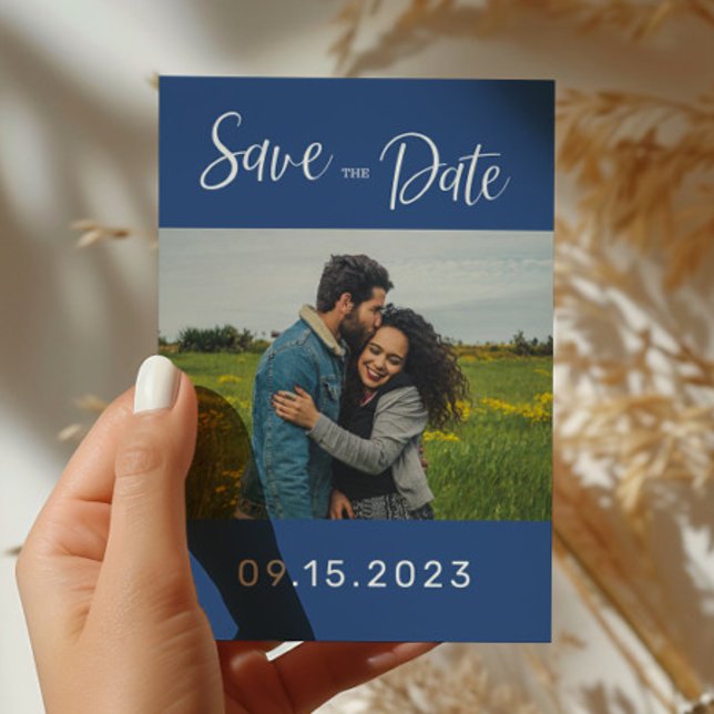 Modern Blue Photo Wedding Save The Date Postcard (Creator Uploaded)