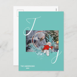 Modern Blue Pine Wreath Joy Photo Holiday Card 