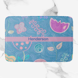 Modern Blue Pink and Purple Floral Tulip Bath Mat