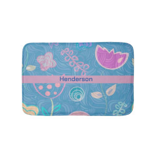 Modern Blue Pink and Purple Floral Tulip Bath Mat