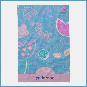 Modern Blue Pink and Purple Floral Tulip Tea Towel