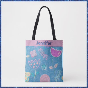 Modern Blue Pink and Purple Floral Tulip Tote Bag