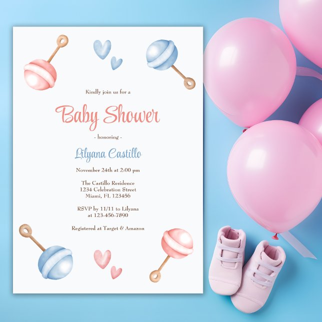 Modern Blue Pink Baby Toys Baby Shower Invitation (Creator Uploaded)