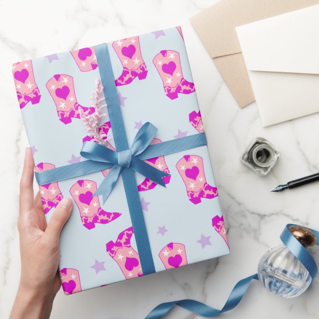 Modern Blue Pink Cowgirl Western Boots Stars   Wrapping Paper (Gifting)