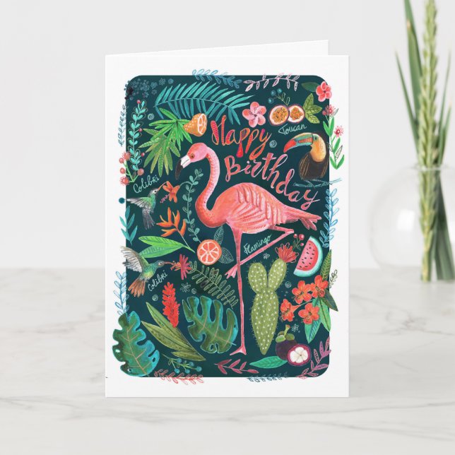 Modern Blue & Pink Flamingo painted Birthday Card (Front)