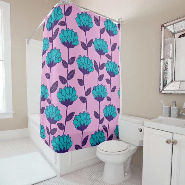 Modern Blue Pink flowers pattern  Shower Curtain (In Situ)