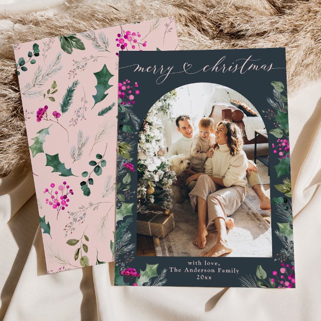 Modern Blue Pink Foliage 1 Photo Christmas Card (Creator Uploaded)