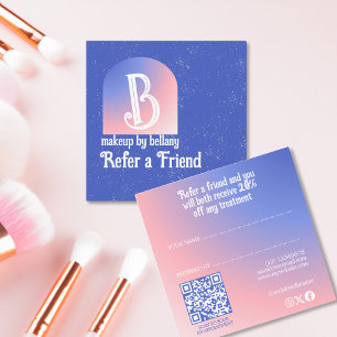 Modern Blue Pink Gradient Monogram Makeup Artist Referral Card