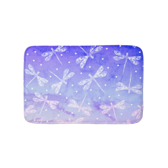 Modern blue pink ombre dragonflies watercolor bath mat (Front)