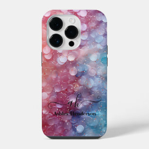 Modern Blue Pink Ombre Glitter Monogrammed Chic iPhone 14 Pro Case