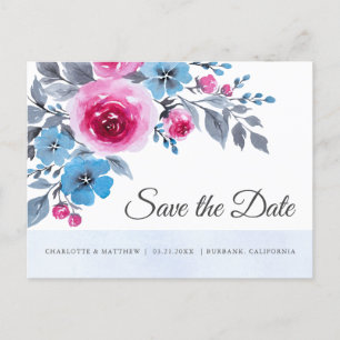 Modern Blue Pink Watercolor Floral Save The Date Announcement Postcard