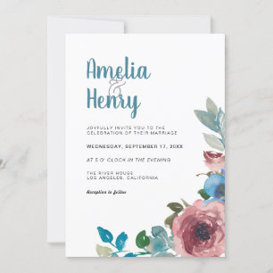 Modern Blue & Pink Watercolor Floral Wedding Invitation