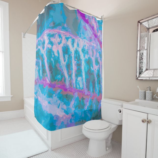 Modern Blue Pink White Abstract Watercolor Shower Curtain (In Situ)