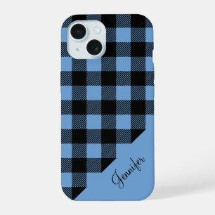 Modern Blue Plaid Check Pattern Name iPhone 15 Case