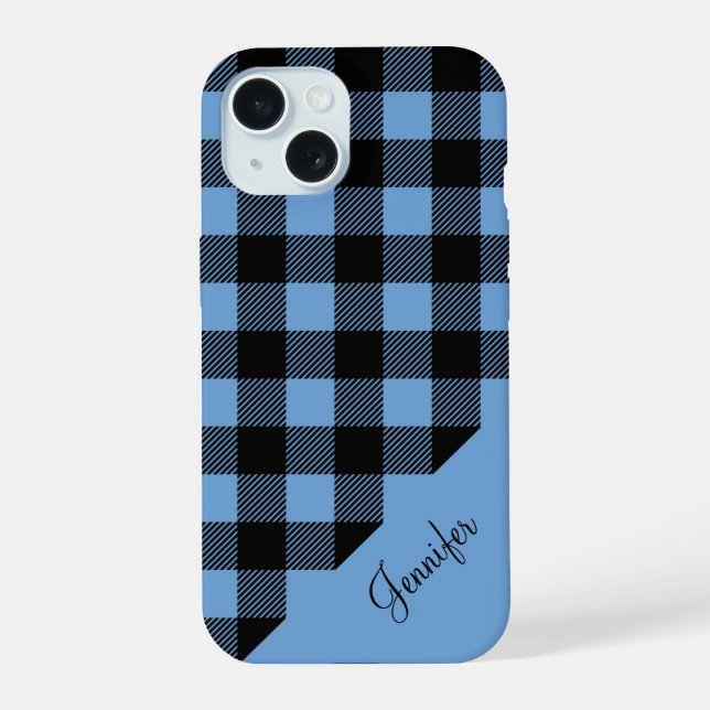 Modern Blue Plaid Check Pattern Name iPhone 15 Case (Back)