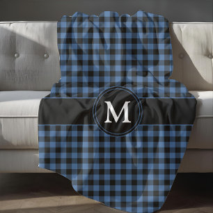 Modern Blue Plaid Checks Monogram Fleece Blanket