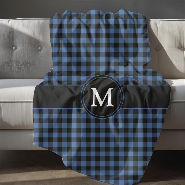 Modern Blue Plaid Checks Monogram Fleece Blanket (Modern Blue Plaid Checks Monogram Fleece Blanket)