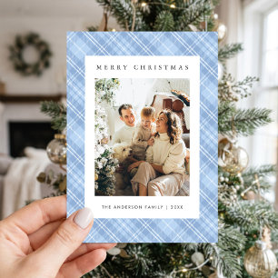 Modern Blue Plaid Family Photo Christmas Holiday Card