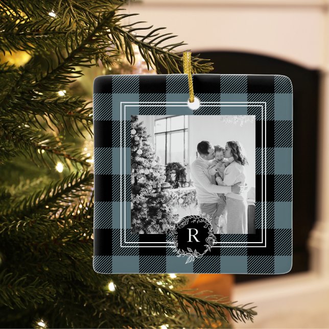 Modern Blue Plaid | Family Photo | Initial  Ceramic Ornament (Creator Uploaded)