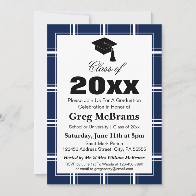 Modern Blue Plaid Graduation Party Invitation (Front)