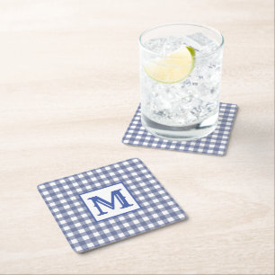 Modern Blue Plaid Monogram Square Paper Coaster