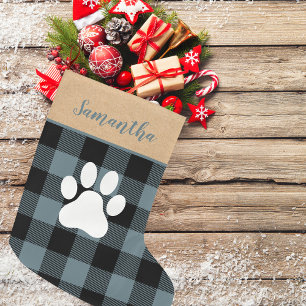 Modern Blue Plaid & Name Dog Paw Large Christmas Stocking