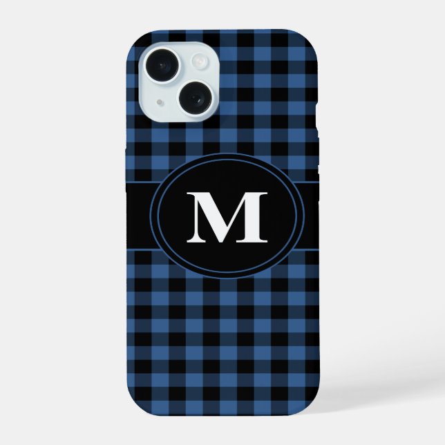 Modern Blue Plaid Pattern Monogram iPhone 15 Case (Back)