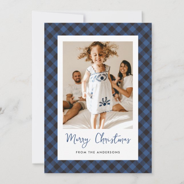 Modern Blue Plaid Photo Merry Christmas Holiday Card (Front)