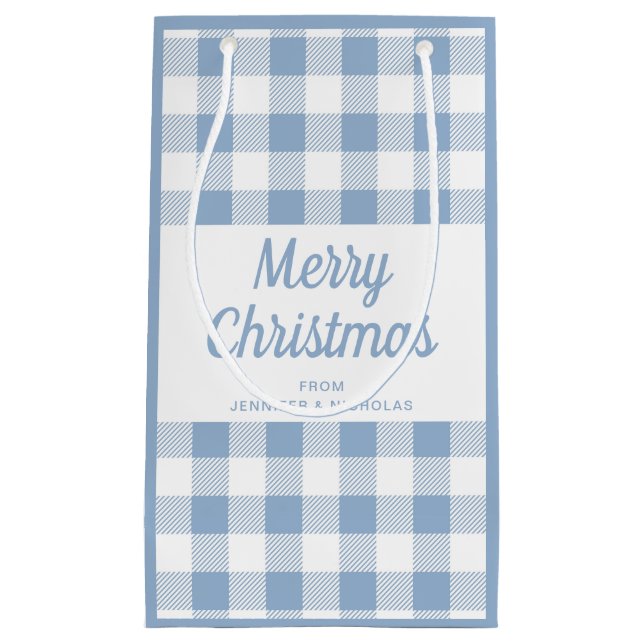 Modern Blue Plaid Script Merry Christmas Small Gift Bag (Front)