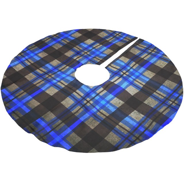 Modern Blue Plaid Tartan Christmas Tree Decorating Brushed Polyester Tree Skirt (Angled)