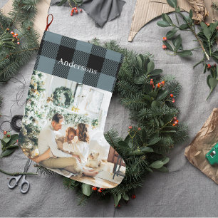 Modern Blue Plaid With Photo And Name   Large Christmas Stocking