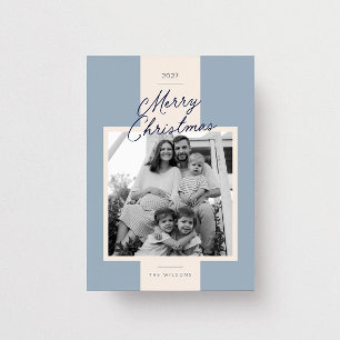 Modern Blue Preppy Stripe Family Photo Christmas Holiday Card
