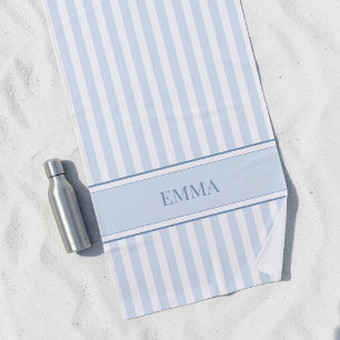 Modern Blue Preppy Striped Personalised Name Beach Towel