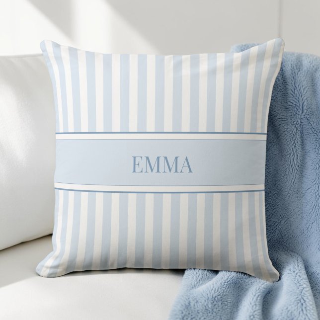 Modern Blue Preppy Striped Simple Custom Name Cushion (Modern Blue Preppy Striped Simple Custom Name Throw Pillow)