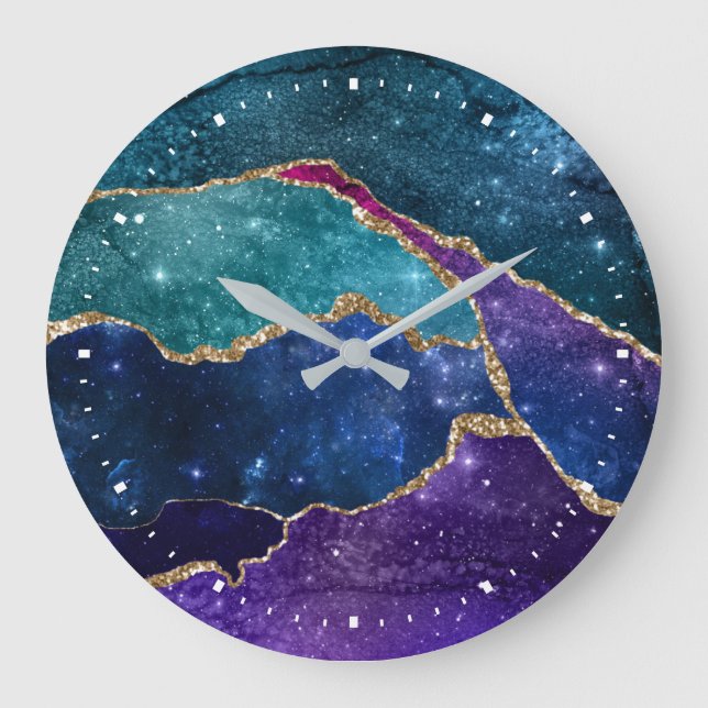Modern Blue Purple Aqua Gold Agate Watercolor Large Clock (Front)