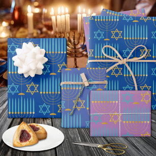 Modern Blue Purple Gold Hanukkah Menorahs & Stars  Wrapping Paper Sheet
