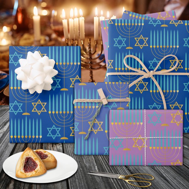 Modern Blue Purple Gold Hanukkah Menorahs & Stars  Wrapping Paper Sheet (Modern Blue Purple Gold Hanukkah Menorahs & Stars Wrapping Paper Sheets)