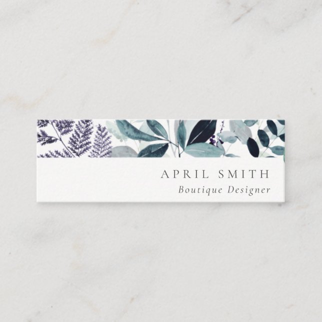 Modern Blue Purple Leafy Tropical Foliage Fern Mini Business Card (Front)