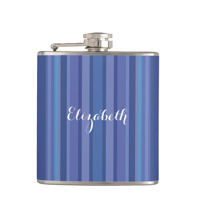 Modern Blue Purple Stripe Custom Name Hip Flask (Front)