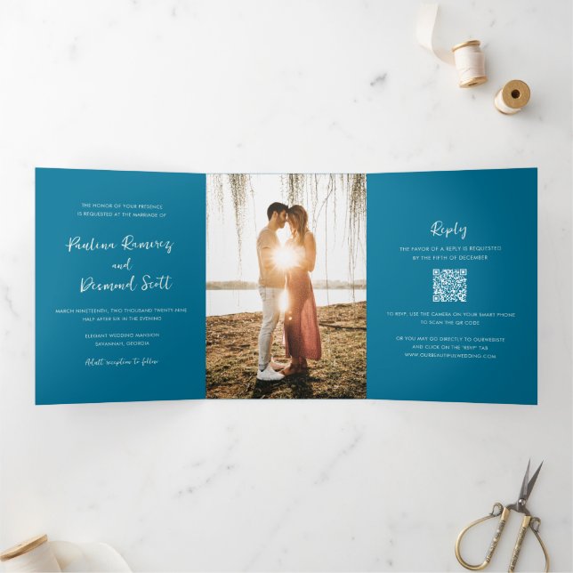 Modern Blue QR Code Simple Wedding Tri-Fold Invitation (Inside)